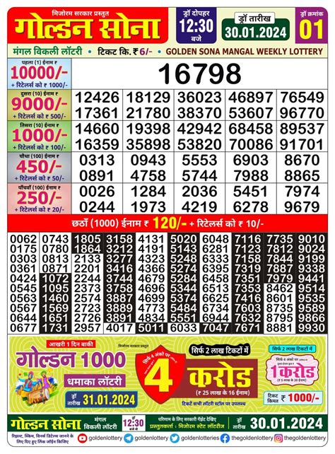 Golden King Mangal Weekly Lottery Result,4:30 pm, 30.01.2024.